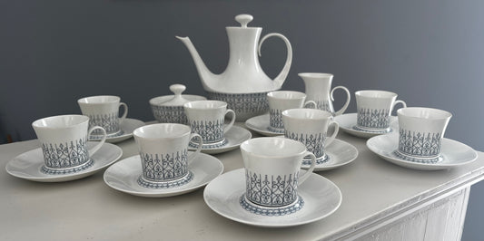Service à café vintage Bidasoa – décor géométrique bleu – 9 tasses