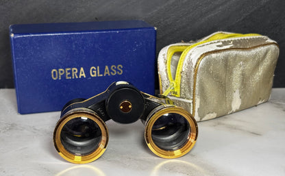 Jumelles de théâtre vintage noires et dorées dans sa boîte d'origine